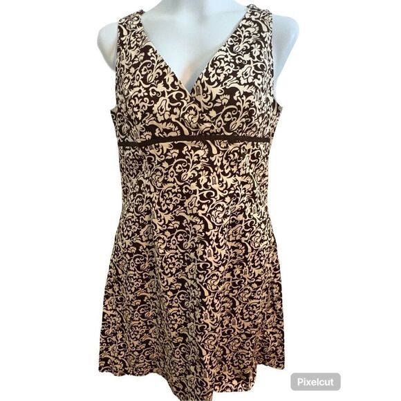 DBY LTD.  Brown and Cream Floral  Sleeveless V-Neck Knee Length Dress. size 12 - Picture 1 of 10